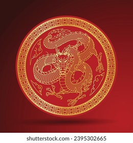 Chinese Gold Dragon Illustration Emblem in Circle Ornament