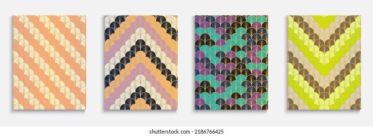 Chinese Gold Fan Funky Cover Set. Bohemian Kimono Design. Bright Color Ethnic A4 Pattern. Simple Dynamic Edgy Fabric Backgroud. Asian Vintage Layout Set. Halftone Stripes Cover.