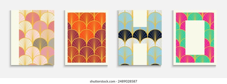 Chinese Gold Fan Funky Cover Set. Japanese Retro Poster Set. Simple Dynamic Glam Fabric Backgroud. Halftone Stripes Cover. Bright Color Ethnic A4 Design. Rich VIP Kimono Pattern.