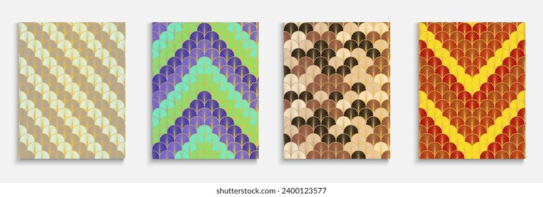 Chinese Gold Fan Music Cover Set. Asian Ancient Poster Set. Bright Color Vintage A4 Texture. Funky Dynamic Edgy Fabric Backgroud. Kimono Stripes Cover. Elegant Halftone Print.