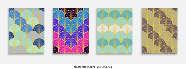Chinese Gold Fan Simple Cover Set. Bright Color Ethnic A4 Pattern. Trendy Dynamic Glam Fabric Backgroud. Kimono Stripes Cover. Premium Geometric Print. Asian Retro Poster Set.