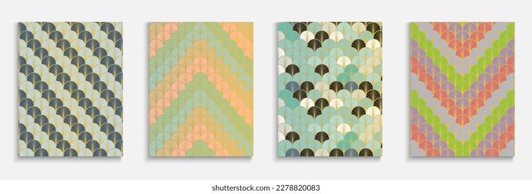 Chinese Gold Fan Simple Cover Set. Premium Kimono Frame. Bright Color Retro A4 Design. Funky Dynamic Edgy Fabric Backgroud. Geometric Stripes Template. Japanese Vintage Folder Set.