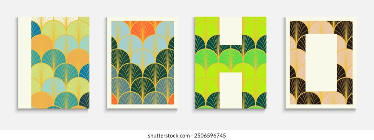 Chinese Gold Fan Simple Cover Set. Trendy Dynamic Boho Fabric Backgroud. Rich VIP Halftone Design. Bright Color Ancient A4 Frame. Kimono Stripes Cover. Asian Retro Folder Set.