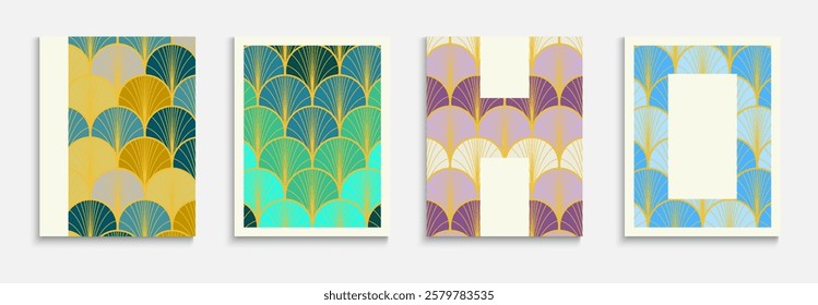 Chinese Gold Fan Simple Cover Set. Asian Retro Folder Set. Geometric Stripes Cover. Funky Dynamic Retro Textile Backgroud. Traditional Halftone Pattern. Bright Color Ethnic A4 Texture.