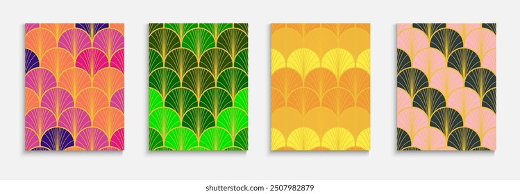 Chinese Gold Fan Trendy Cover Set. Bright Color Retro A4 Pattern. Minimal Dynamic Hipster Textile Backgroud. Rich VIP Kimono Frame. Asian Ethnic Layout Set. Geometric Stripes Folder.