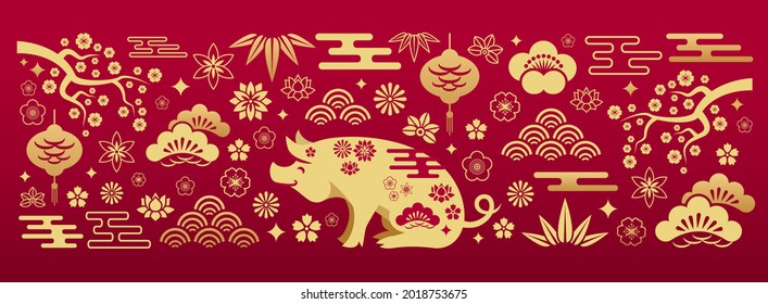 Chinese gold floral patterns and ornaments with pig symbol on red background. Vector illustration of oriental asian decorative elements. Traditional japanese banner