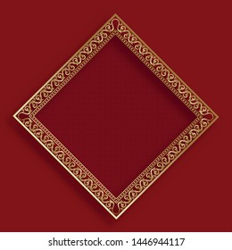 Chinese gold frame with oriental asian elements on red color background, for wedding invitation card, happy new year, happy birthday, valentine day, greeting cards, poster or web banner