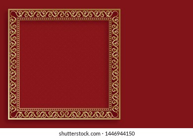 Chinese gold frame with oriental asian elements on red color background, for wedding invitation card, happy new year, happy birthday, valentine day, greeting cards, poster or web banner