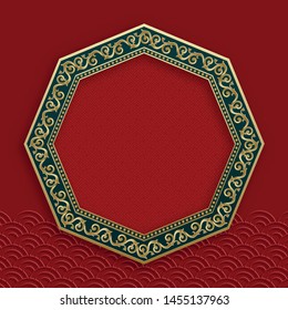 Chinese gold frame with oriental asian elements on red color background, for wedding invitation card, happy new year, happy birthday, valentine day, greeting cards, poster or web banner
