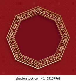 Chinese gold frame with oriental asian elements on red color background, for wedding invitation card, happy new year, happy birthday, valentine day, greeting cards, poster or web banner