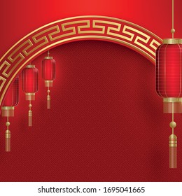 Chinese gold frame with oriental asian elements on color background, for wedding invitation card, happy new year, happy birthday, valentine day, greeting cards, poster or web banner