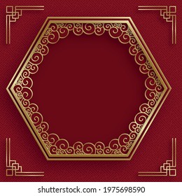 Chinese gold frame with oriental asian elements on color background, for wedding invitation card, happy new year, happy birthday, valentine day, greeting cards, poster or web banner 