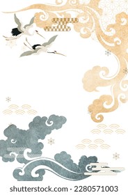 Chinese gold and grey cloud decorations with crane birds in vintage style. Abstract art landscape with Japanese icon and symbol with hand drawn line elements