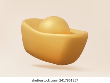 Chinese gold ingot 3D vector icon symbol golden yuan bao china new year asian festival oriental currency culture on beige background. prosperity premium treasure wealth. 3d rendering