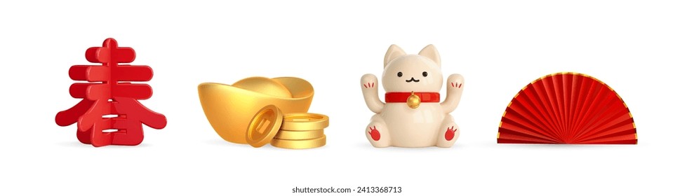 Chinese gold ingot and coin, asian red fan, and cloud. Asian 3d holiday icon. 3d render asian design element. Vector cartoon illustrarion