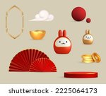 Chinese gold ingot and coin, lunar rabbit, red podium, asian fans and cloud. Asian 3d holiday icon. 3d render asian design element.Vector cartoon illustrarion