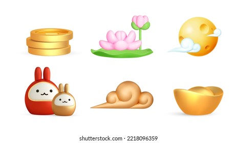 Chinese gold ingot and coin, lunar rabbit, full moon and clouds, lotus flower icon. 3d render asian design element.Vector cartoon illustrarion