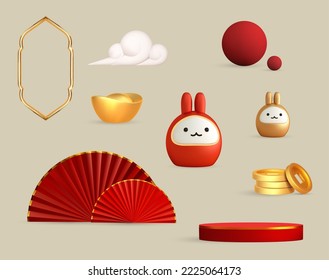 Chinese gold ingot and coin, lunar rabbit, red podium, asian fans and cloud. Asian 3d holiday icon. 3d render asian design element.Vector cartoon illustrarion - Shutterstock ID 2225064173