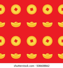 Chinese gold ingot coin set. Seamless Pattern China money square centre. Golden with hole. Happy New Year symbol atribute. Flat design. Red background. Vector illustration.
