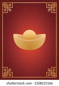 Chinese gold ingot isolated on red background with chinese traditional golden frame. Vector illustration of spring festival decoration elements symolizing good fortune. Chinese new year card.