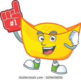 Chinese gold ingot mascot cartoon style holding a Foam finger