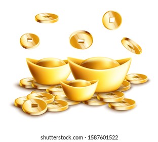 Chinese gold ingots and falling golden coins isolated on white background. Ancient currency from China in small boat shapes and coins with square holes - vector illustration