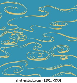 Chinese gold line background vector. Hand drawn cloud pattern.