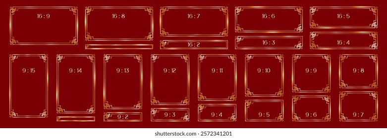 Chinese gold line frames set, thin luxury borders of rectangular shape with ornament , different editable formats
