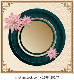 Chinese gold pattern, for happy new year 2020, on cream color background with chinese pink flowers and pattern design for greeting cards, banner, web