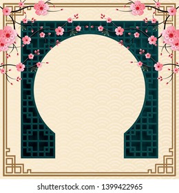 Patrón de oro chino, para feliz año nuevo 2020, sobre fondo color crema con estilo de puerta verde chino y flores de árbol de cerezo rosado y diseño de patrones para tarjetas de felicitación, banner, web