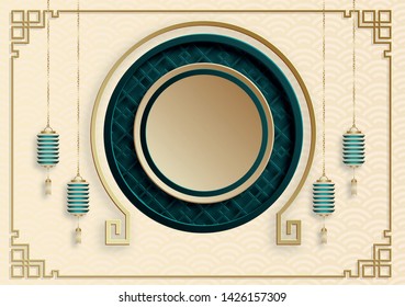 Chinese gold pattern, for happy new year 2020, on cream color background with chinese pattern design and green frame for greeting cards, banner, web and poster