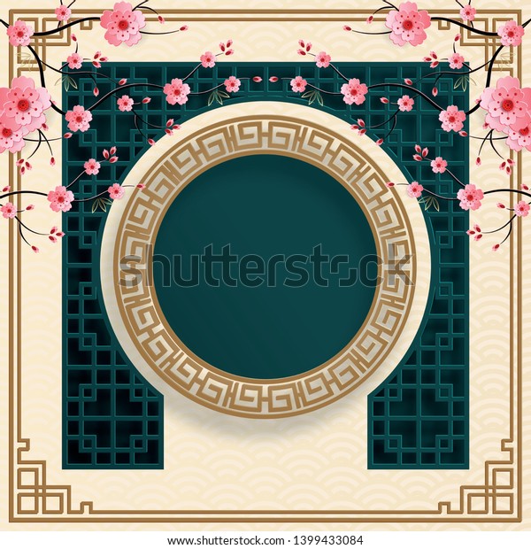 Chinese gold pattern for happy new\
year 2020 on cream color background with chinese pink cherry tree\
flowers and pattern design for greeting cards, banner,\
web