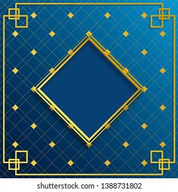 Chinese gold pattern on blue and gold background with square gold design for greeting cards, banner, web