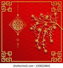 Chinese gold pattern on red background with gold flowers and three design with prosperity gold concept desing with gold border for greeting cards, banner, web