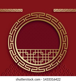 Chinese gold pattern with oriental asian elements on red color background and gold frame, for wedding invitation card, happy new year, happy birthday, valentine day, greeting cards, poster or web b