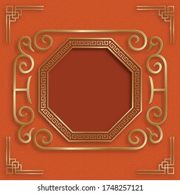 Chinese gold pattern with oriental asian elements on orange color background and gold frame, for wedding invitation card, happy new year, happy birthday, valentine day, greeting cards, poster or web