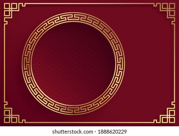 Chinese gold pattern with oriental asian elements on orange color background and gold frame, for wedding invitation card, happy new year, happy birthday, valentine day, greeting cards, poster or web b