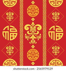 Chinese gold pattern oriental for New Year on red color background. vector illustration