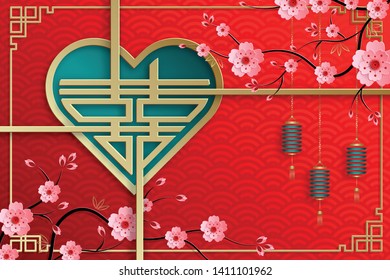 Chinese gold pattern with pink plum blossom flowers, lanterns and oriental asia elements on red background, for wedding invitation card, happy new year, valentine day, greeting cards, or web banner