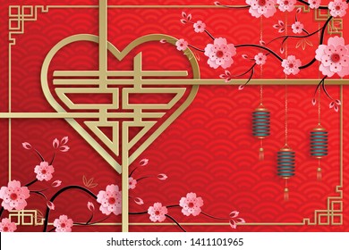 Chinese gold pattern with pink plum blossom flowers, lanterns and oriental asia elements on red background, for wedding invitation card, happy new year, valentine day, greeting cards, or web banner