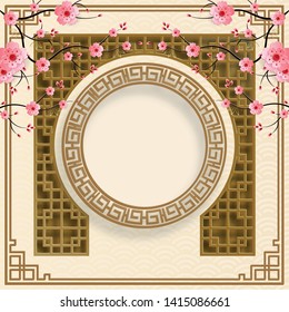 Chinese gold pattern with pink plum blossom flowers and oriental asia elements on cream color background, for wedding invitation card, happy new year, valentine day, greeting cards, or web banner
