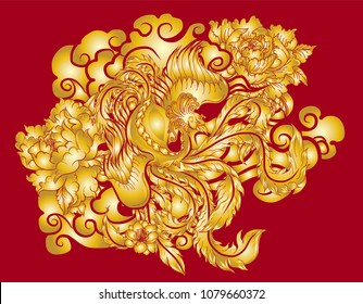 Chinese Gold peacock on red backgroud.Asian Phoenix fire bird tattoo design.Colorful Phoenix fire bird with Peony flower and rose on cloud and wave background.