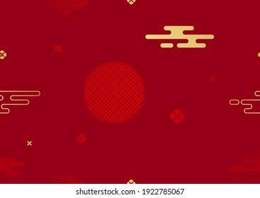 Chinese gold and red seamless pattern that symbol of clouds, flowers and river on red background. Illustration of Japanese traditional oriental Asian vector.