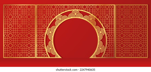 Chinese gold wedding gate. Wedding arch. Classical luxury asian style. Festive birthday banquet stage. Solemn feast in a restaurant. Vector illustration.