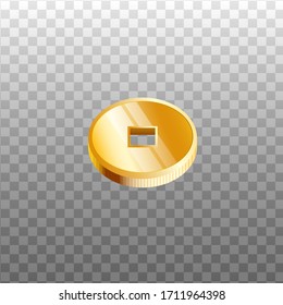 Chinese golden coin with square hole in the middle isolated on transparent background - traditional symbol of good luck and prosperity in China. Gold money vector illustration