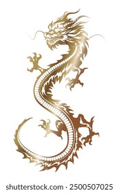 Chinese golden dragon silhouette. Golden dragon on a red background, zodiac sign according to the Chinese calendar. Vector illustration, see-through silhouette, isolated from the background.