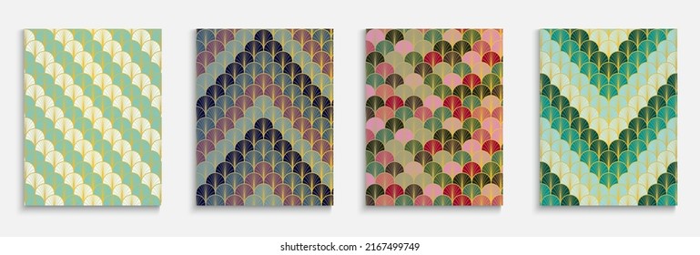 Chinese Golden Fan Funky Cover Set. Asian Retro Poster Set. Trendy Dynamic Noble Textile Backgroud. Kimono Stripes Template. Bohemian Halftone Design. Bright Color Ethnic A4 Frame.