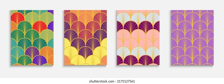 Chinese Golden Fan Minimal Cover Set. Bright Color Retro A4 Frame. Music Dynamic Hipster Fabric Backgroud. Halftone Stripes Cover. Traditional Geometric Pattern. Asian Ancient Layout Set.