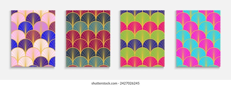 Chinese Golden Fan Minimal Cover Set. Japanese Ethnic Poster Set. Simple Dynamic Glam Fabric Backgroud. Bright Color Ancient A4 Design. Geometric Stripes Folder. Rich VIP Kimono Pattern.