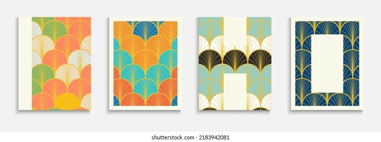 Chinese Golden Fan Music Cover Set. Japanese Vintage Folder Set. Luxurious Halftone Design. Kimono Stripes Layout. Minimal Dynamic Edgy Fabric Backgroud. Bright Color Ethnic A4 Frame.